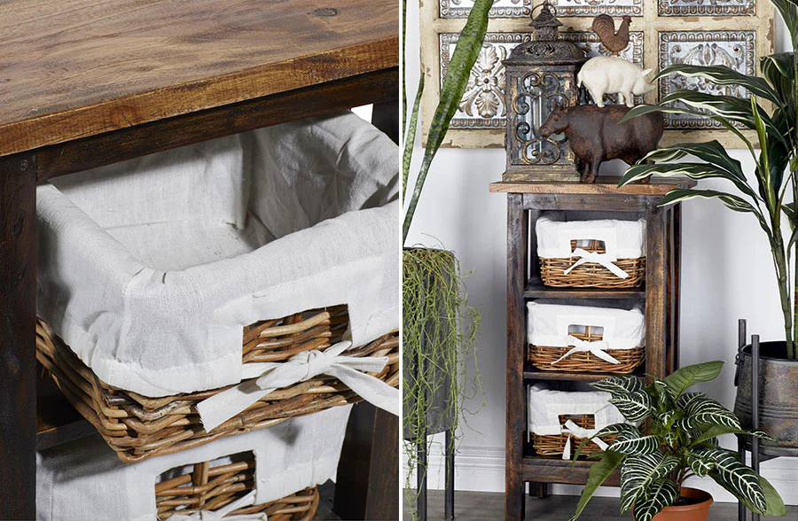 Mahogany Wood Side Table with Basket Cubbies