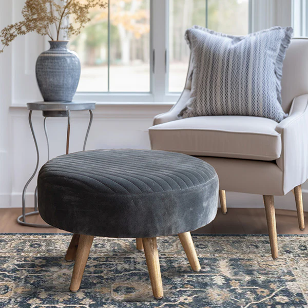 Steel Blue Velvet Ottoman