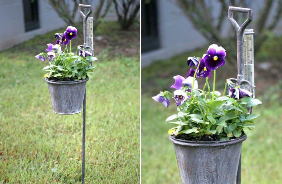 Distressed Pail on Stand with Rain Gauge